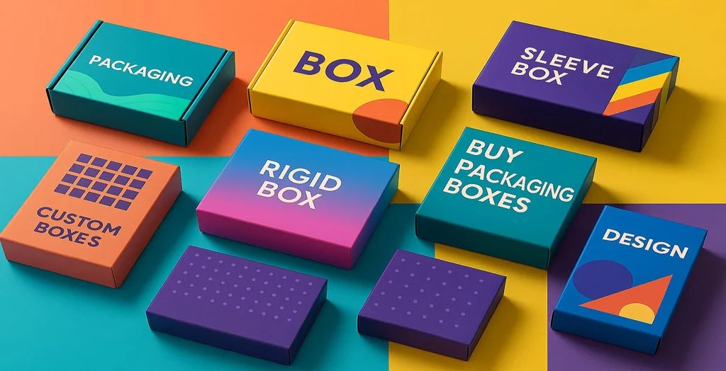 Colourful assortment of custom packaging boxes arranged on a geometric background, showcasing modern box design ideas.