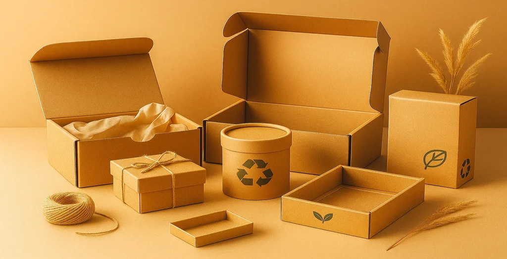 Eco-friendly kraft packaging boxes in various shapes displayed on a warm beige background, showcasing sustainable and recyclable packaging options.