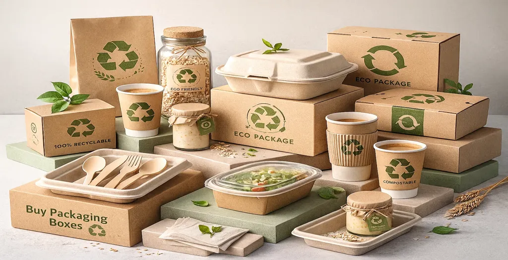 Eco-friendly food packaging made from recyclable, compostable, and biodegradable materials displayed in a studio setting.