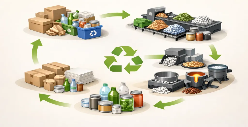 Illustration showing the packaging recycling process from waste collection to material reuse