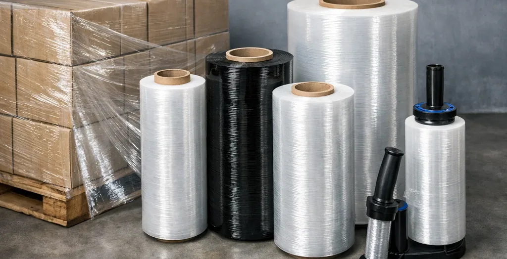 Industrial stretch wrap rolls beside a pallet of boxes wrapped in clear film in a warehouse setting.