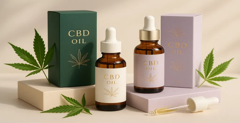 Elegant CBD oil packaging design with amber dropper bottles, pastel boxes, and hemp leaves arranged aesthetically on a minimal beige background.