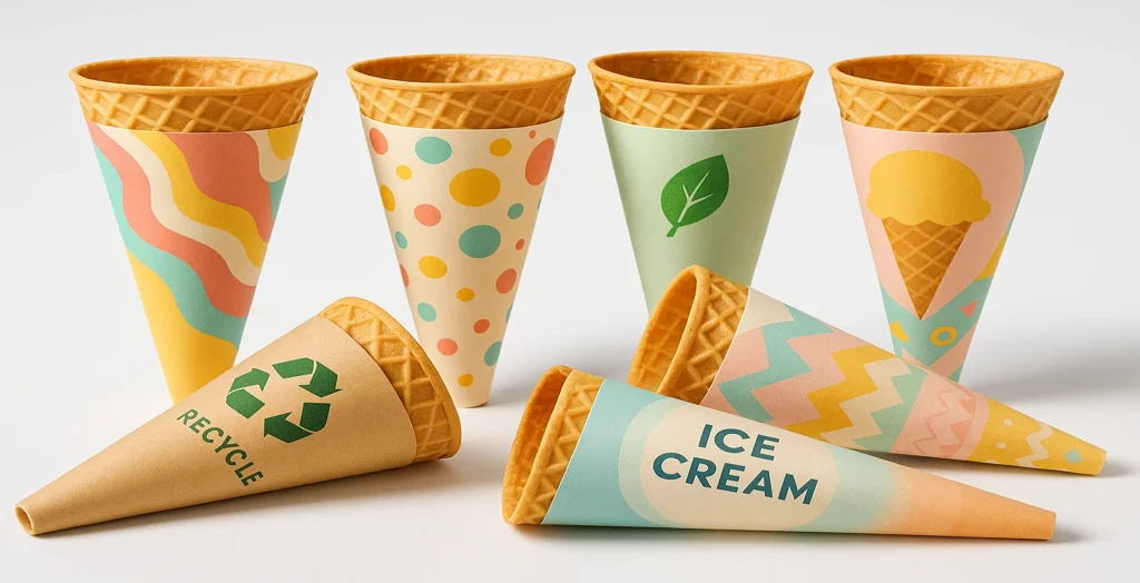 Colourful custom paper cone sleeves wrapped around waffle cones, showcasing creative eco-friendly and ice-cream themed designs.