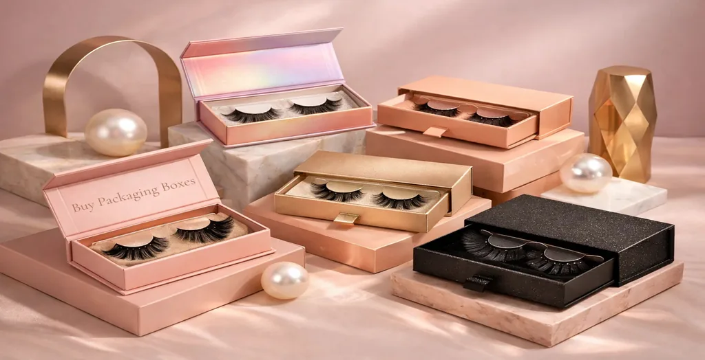 Luxury eyelash packaging boxes displayed in premium cosmetic box designs with magnetic closures