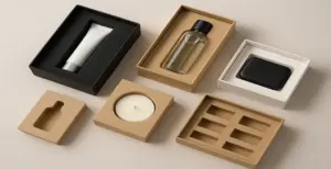 Premium die-cut packaging inserts in multiple shapes and materials, designed for secure product presentation and protection.