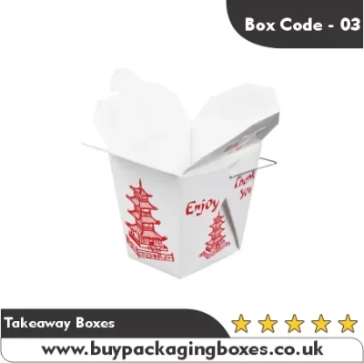 Classic Chinese takeaway box with red pagoda print and metal handle.