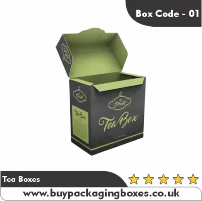 Elegant black and green custom tea box with open lid for branding display