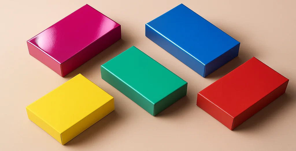 Five vibrant packaging boxes in glossy and matte laminated finishes