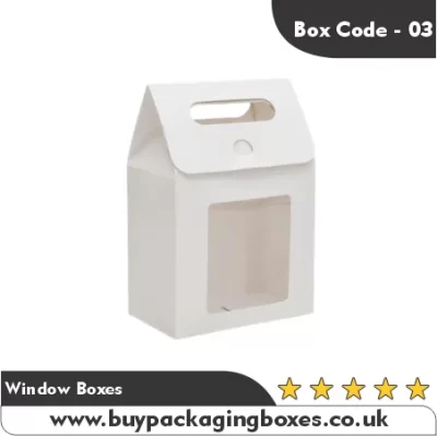 White gable-style window box with handle and front display panel for food or retail items.