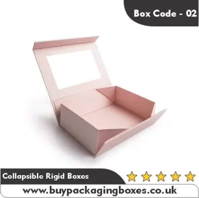 Pink collapsible rigid gift box with clear window lid, perfect for luxury retail packaging.