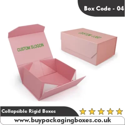Custom pink collapsible rigid box with printed slogan, designed for branding and premium presentation