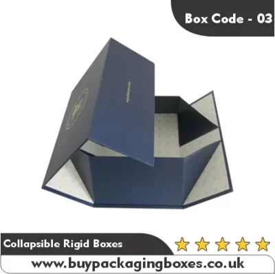 Elegant navy collapsible rigid box with patterned inner lining, ideal for gifting and retail packaging
