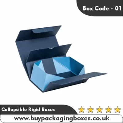 Blue collapsible rigid box with secure magnetic closure, designed for stylish and practical storage