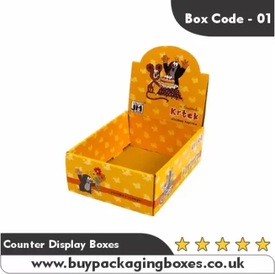 Yellow cartoon-themed counter display box for kids’ snacks or small products