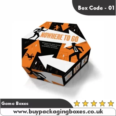 Hexagon-shaped custom game box with bold Nowhere to Go graphics
