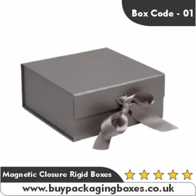 Elegant grey magnetic closure rigid gift box with ribbon tie