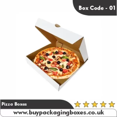 Open white cardboard pizza box with a fresh pizza topped with olives, peppers, and cheese