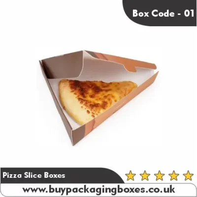 Open pizza slice box with a single slice of cheesy pizza inside