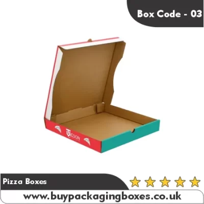Eco-friendly kraft pizza box with red and green printed edges, shown open and empty