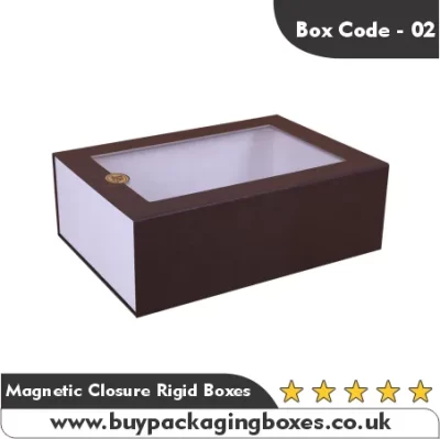 Brown and white magnetic closure rigid box with clear window lid