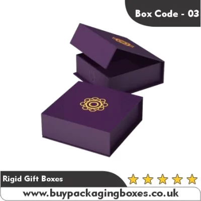Purple rigid gift box with a gold foil logo, partially open to show sturdy structure