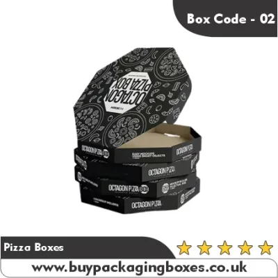 Black octagon-shaped printed pizza boxes stacked together with white design patterns