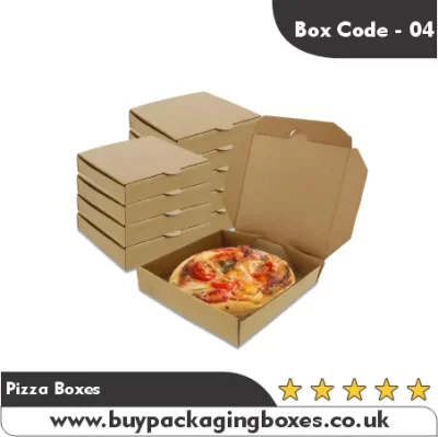 Stack of plain brown kraft pizza boxes with one open box displaying a small cheese pizza