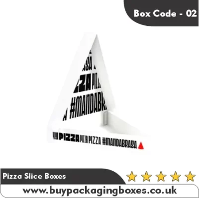 White printed pizza slice box with bold black branding design