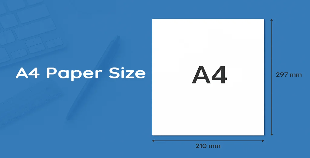 Illustration of A4 paper size showing dimensions 210 mm by 297 mm on a blue background with design tools faintly visibl