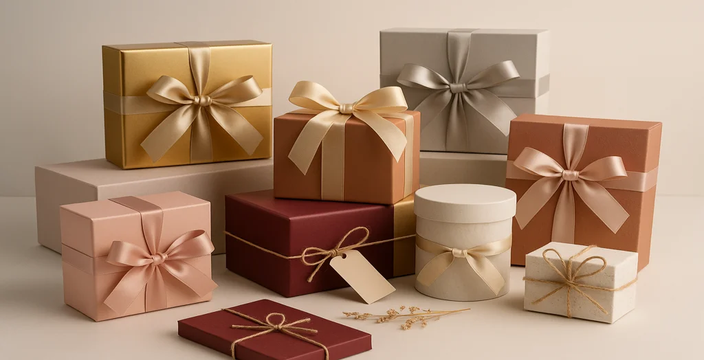 Elegant assortment of gift boxes in gold, blush, terracotta, and cream with satin ribbons and twine bows arranged on a neutral background