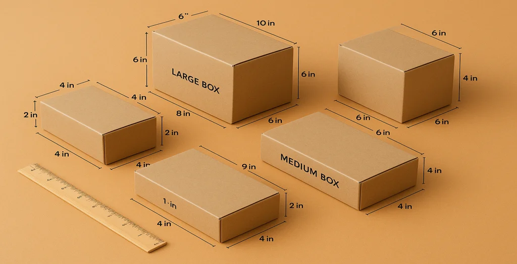 Different cardboard box sizes and dimensions labeled with measurements on a brown background, showing large and medium packaging boxes for product display.