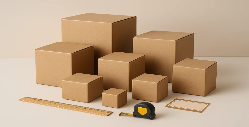 Neatly arranged cardboard boxes in various sizes with a ruler and measuring tape on a beige background, illustrating packaging size comparison and dimension accuracy.