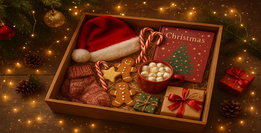 Cozy Christmas Eve box filled with festive items including a Santa hat, candy canes, hot chocolate, gingerbread cookies, gifts, and a Christmas book surrounded by warm fairy lights.