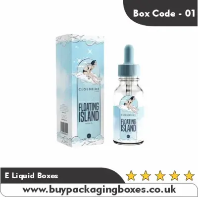 Custom e-liquid packaging box with a dropper bottle design, featuring a blue “Floating Island” theme.