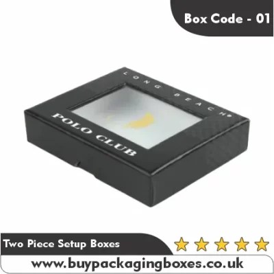 Black two piece setup box with clear window lid and Polo Club branding
