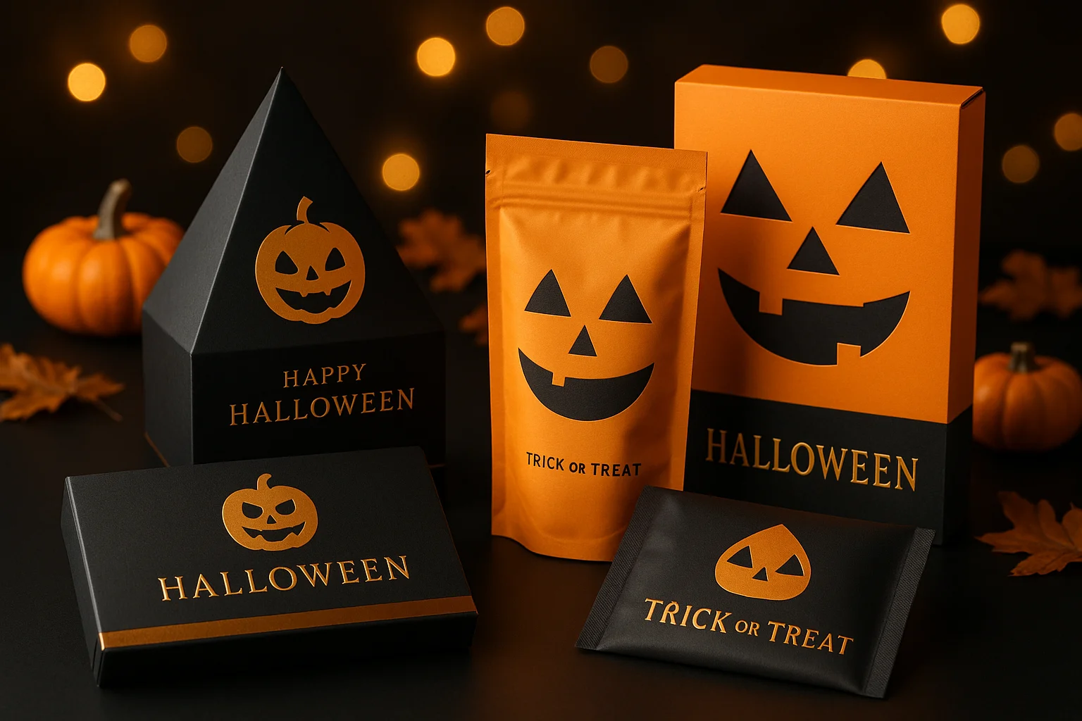 Elegant black and orange Halloween packaging boxes with pumpkin faces and festive lighting, showcasing modern luxury Halloween design trends