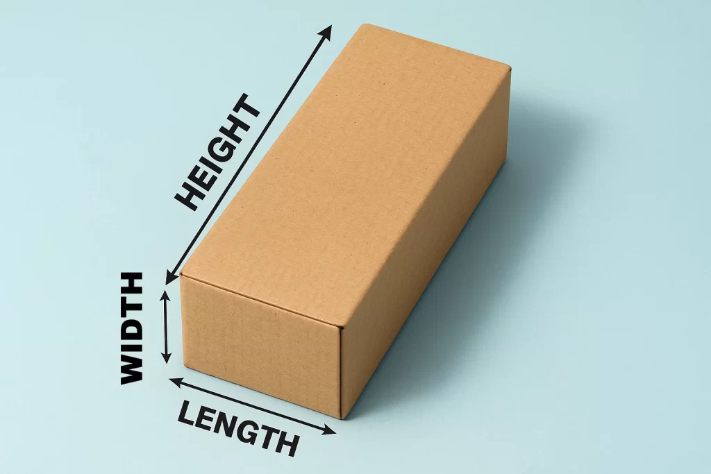 Box measurement guide on pastel blue, illustrating length, width and height with bold black arrows.