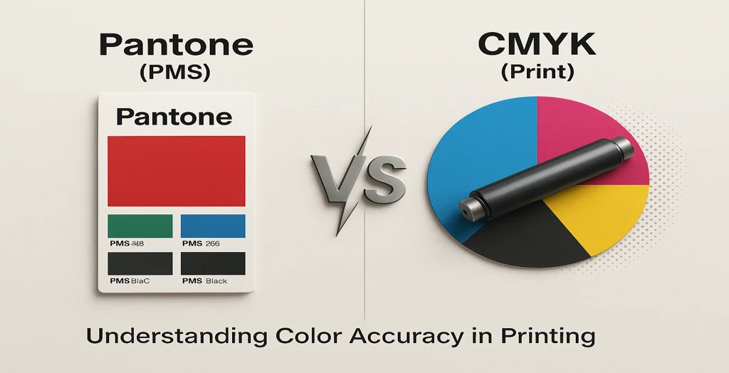 Pantone vs CMYK color comparison showing ink swatches and printing layout to illustrate the difference between spot and process color systems.