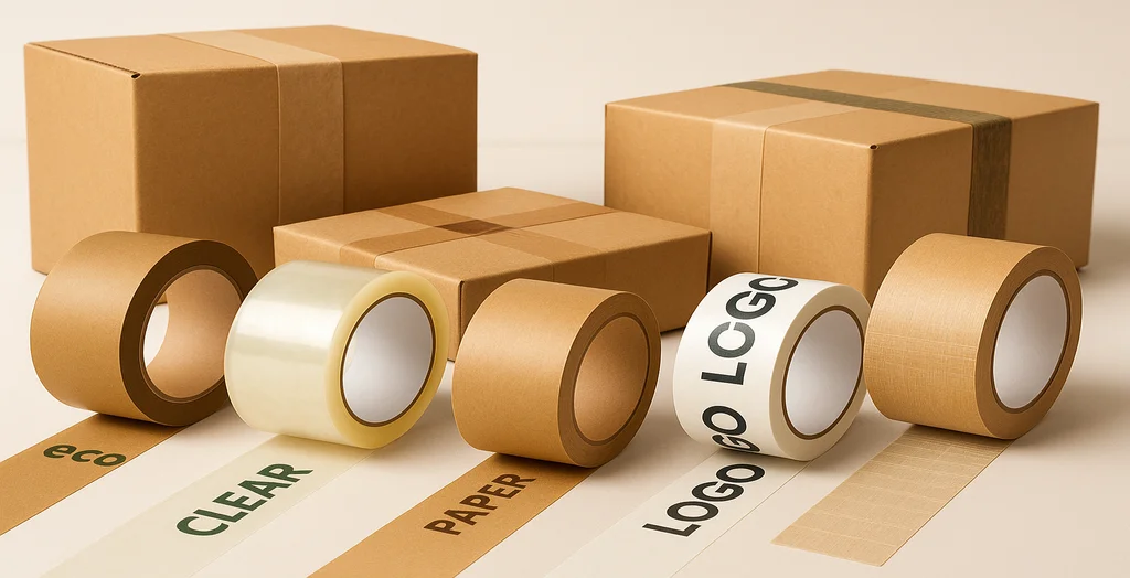 Different types of packaging tape including eco-friendly, clear, kraft paper, and custom logo printed options displayed with cardboard boxes