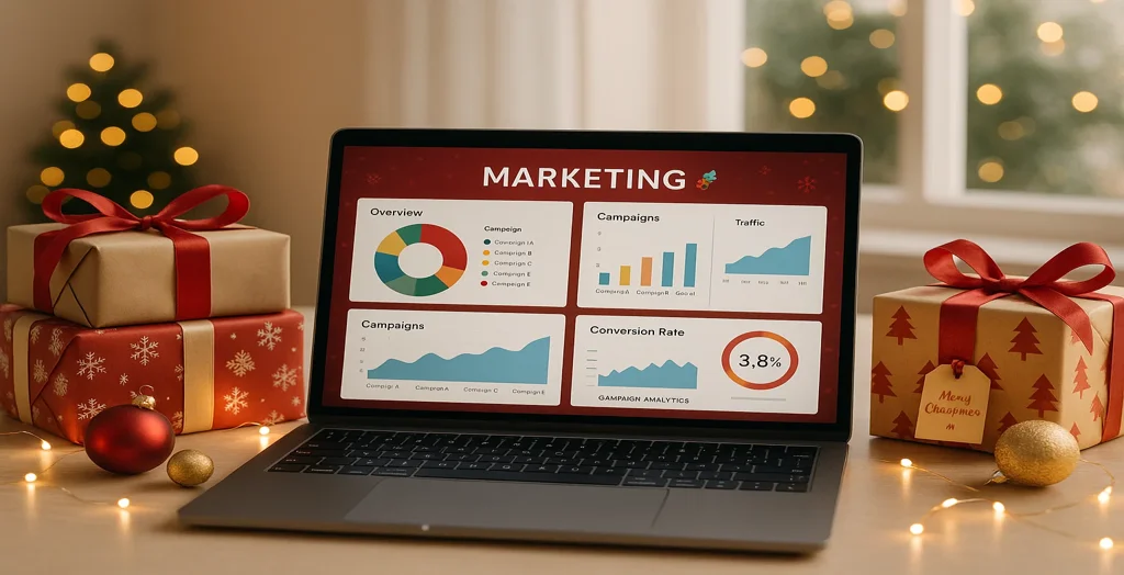 Laptop displaying holiday marketing analytics dashboard surrounded by Christmas gifts and festive decorations.