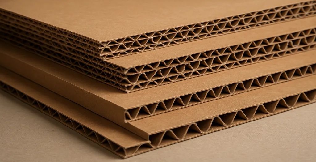 Close-up view of stacked corrugated cardboard sheets showing fluted layers and strong brown kraft material structure
