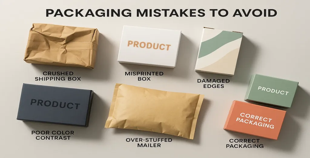 Common packaging mistakes to avoid crushed boxes, misprinted labels, damaged edges and correctly packaged products displayed on a neutral background