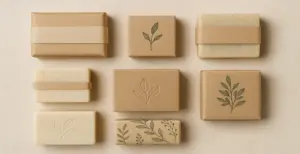 Eco-friendly soap packaging with kraft paper wraps and botanical designs arranged neatly on a neutral background.