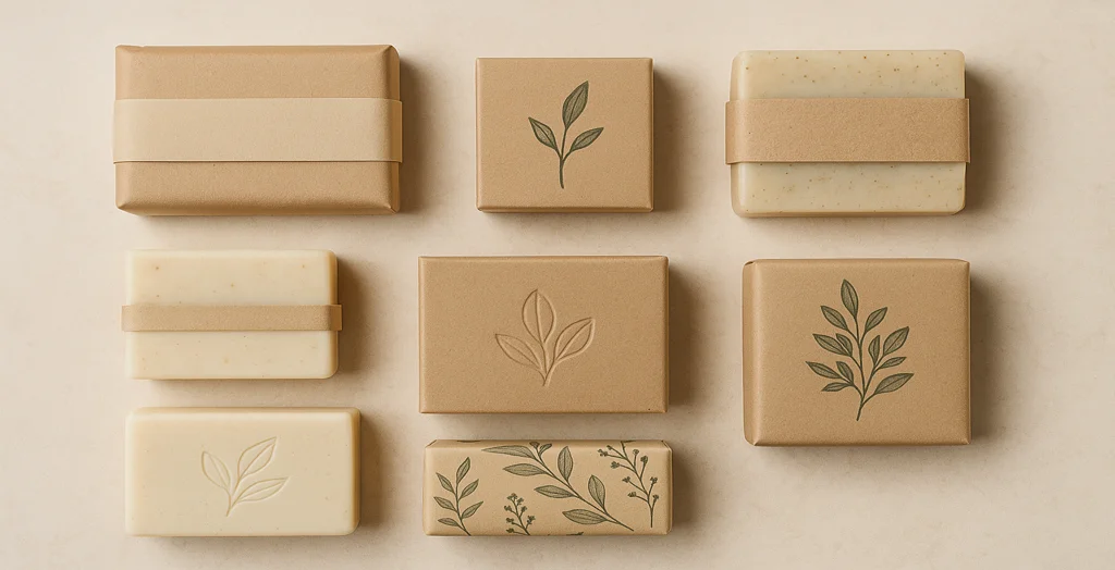 Eco-friendly soap packaging with kraft paper wraps and botanical designs arranged neatly on a neutral background.
