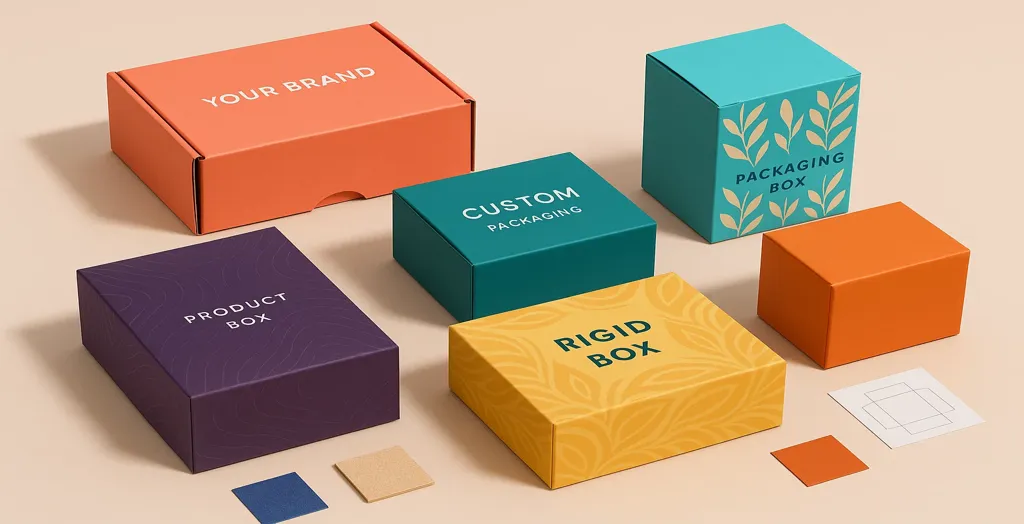 Colourful custom packaging box collection including rigid, mailer, and product boxes displayed on a beige background.