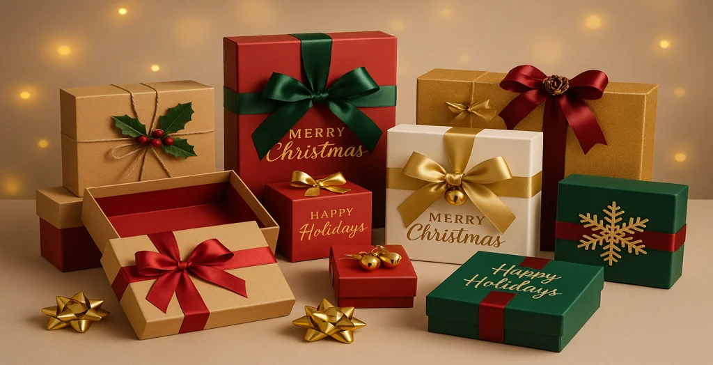 Elegant luxury Christmas gift boxes in red, gold, green, and white with satin ribbons, bows, and festive ornaments displayed against a warm golden holiday background.