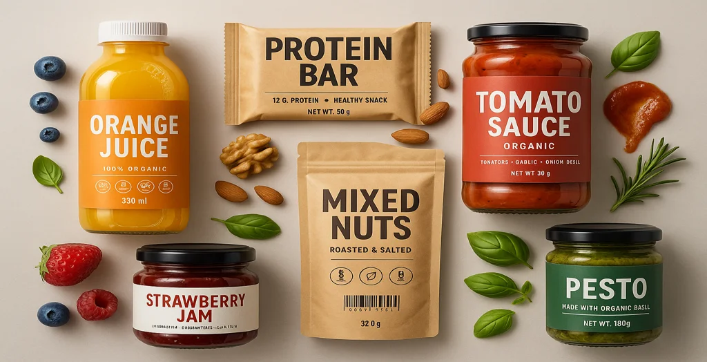 Modern food packaging display featuring organic orange juice, protein bar, mixed nuts pouch, tomato sauce, strawberry jam, and pesto arranged with fresh ingredients