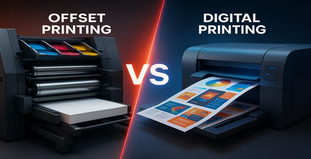 High-resolution comparison of offset printing and digital printing with CMYK rollers on one side and modern digital color output on the other, divided by a dynamic VS graphic.