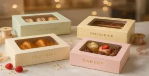 Elegant pastry boxes with cupcakes, croissants, and macarons displayed on a bakery counter, showcasing premium bakery packaging design.