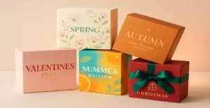 Colourful seasonal packaging boxes for spring, summer, autumn, Christmas, and Valentine’s Day showcasing 2026 design trends with floral, citrus, and festive themes.